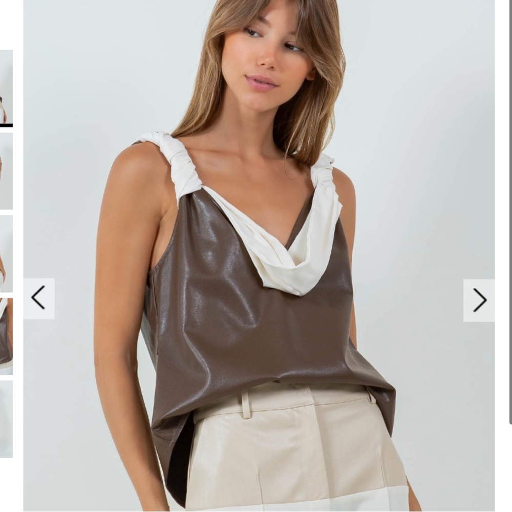 Brown Faux Leather Tank Top – Chic Draped Neck Sleeveless Top